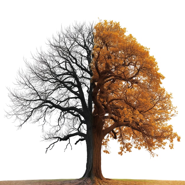 Großer Baum mit gelben Blättern, isoliert auf einem weißen oder durchsichtigen Hintergrund, halber Baum mit gelbem Hintergrund