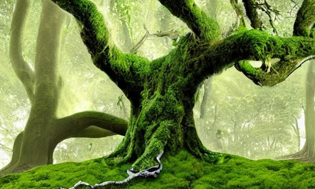 großer Baumstamm mit grünem Moos bewachsen