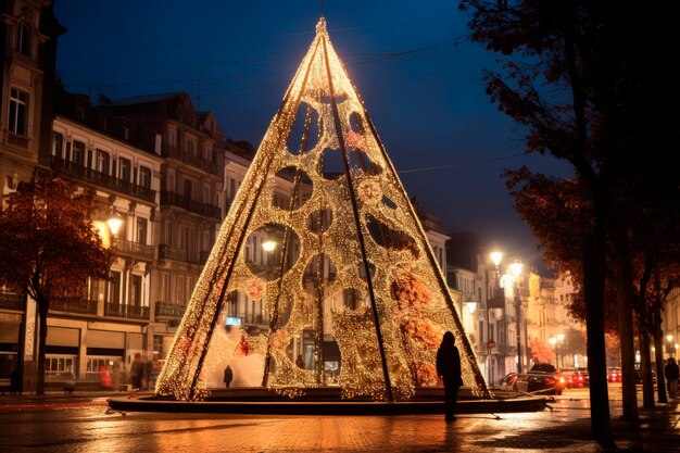 Großer beleuchteter Weihnachtsbaum in der Stadt bei Nacht