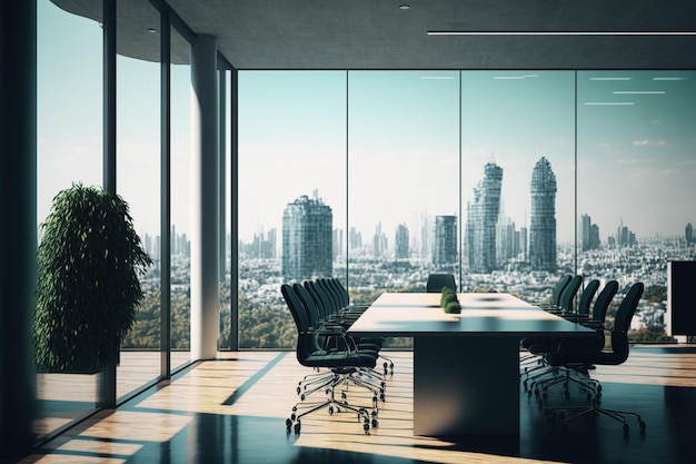 Großer Besprechungstisch in hellem Konferenzraum mit weitläufigem Blick auf die Stadt und den Arbeitsplatz