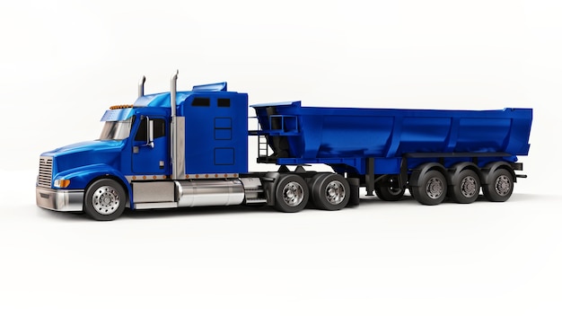 Großer blauer amerikanischer LKW mit einem Muldenkipper für den Transport von Schüttgut auf weißem Hintergrund. 3D-Darstellung.