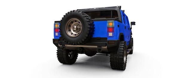 Großer blauer Offroad-Pickup-Truck für Landschaft oder Expeditionen auf weißem, isoliertem Hintergrund. 3D-Darstellung.