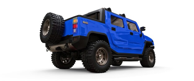 Großer blauer Offroad-Pickup-Truck für Landschaft oder Expeditionen auf weißem, isoliertem Hintergrund. 3D-Darstellung.