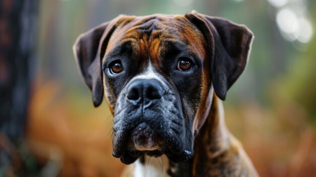 Großer braun-weißer Hund steht in einem Wald