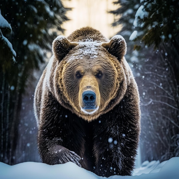 Großer Braunbär, der durch verschneiten Wald geht Generative KI