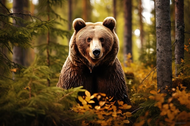 Großer brauner Bär im Sommerwald Er schaut neugierig in die Kamera Großer Bär im Sommerwald