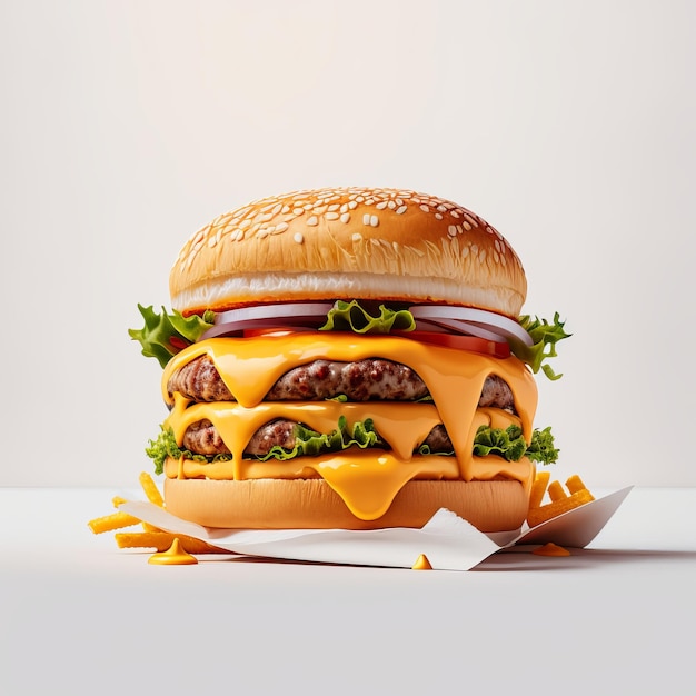 Großer Cheeseburger mit Käse und Pommes-Frites auf weißem Hintergrund