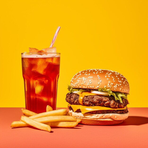 Großer Doppel-Cheeseburger mit Huhn und kaltem Getränk