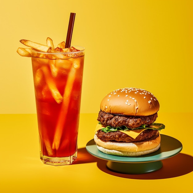 Großer Doppel-Cheeseburger mit Huhn und kaltem Getränk