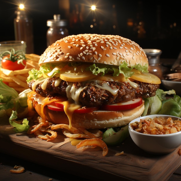 Großer Doppel-Cheeseburger mit Huhn und kaltem Getränk