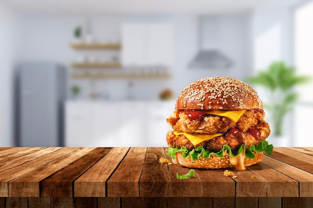 Foto großer doppelter cheddar-cheeseburger mit hühnchen auf holztisch