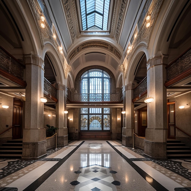 Großer Eingang und beeindruckende Architektur in der Bürolobby