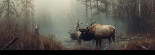 Foto großer elch steht im mit großem gras gefüllten wald