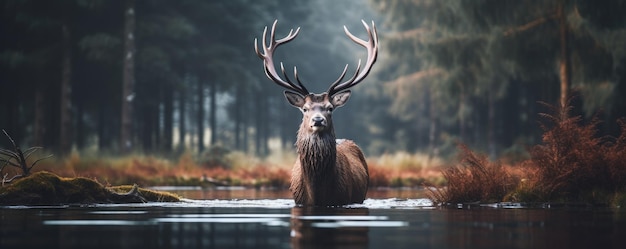 Großer erwachsener Edelrotwild im Herbst mit großen Hörnern, die den Kopf gedreht haben. Europäische Tierwelt. Generative KI