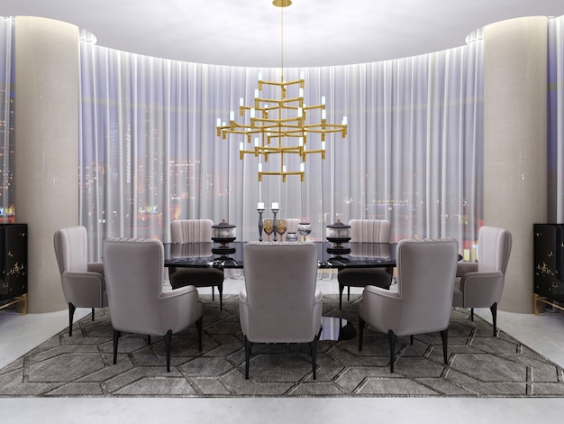 Großer Esstisch im Hotel für acht Personen mit schwarzem Tisch mit Glasplatte. Große und weiche bequeme Stühle und ein goldener Kronleuchter in der Nähe eines großen Panoramafensters. 3D-Rendering.