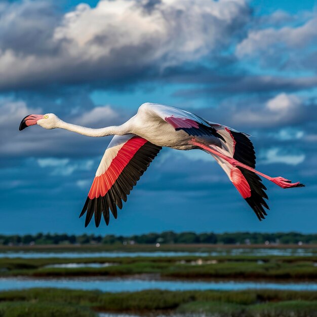 Großer Flamingo phoenicopterus roseus fliegt am Himmel in der Camargue, Frankreich