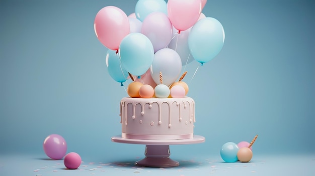 großer Geburtstagskuchen mit Sahne und Ballonen in Pastellfarben