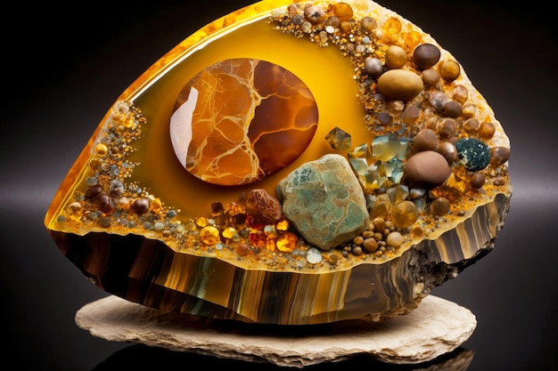 Großer gelbbrauner Stein mit Mineralien und Kristallen