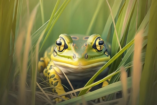 Großer gelbgrüner Frosch versteckt sich im Gras vor Raubtieren, die mit generativer KI erstellt wurden