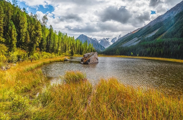 Großer Granitstein in der Mitte des Sees Schöner See im Hochlandtal entlang des Hochgebirges Sumpfiges Nebenwasser des Bergsees mit Steinen Gelber atmosphärischer natürlicher Hintergrund des Hochlandes