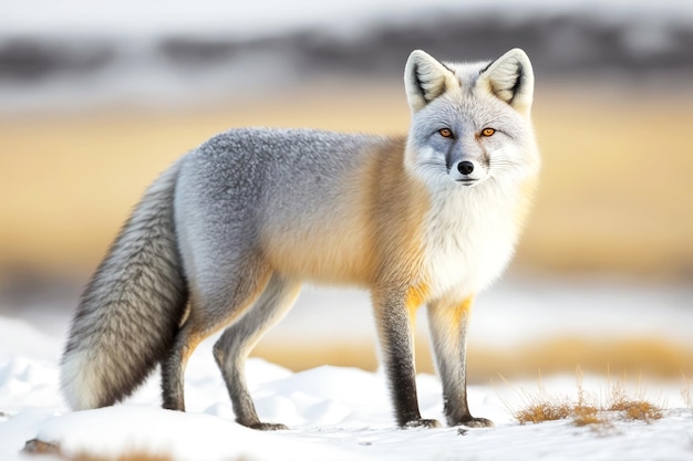 Großer grauer Polarfuchs steht auf schneebedeckter Steppe