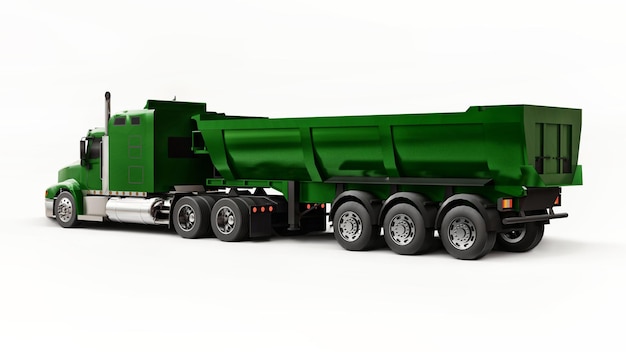 Großer grüner amerikanischer LKW mit einem Muldenkipper für den Transport von Schüttgut auf weißem Hintergrund. 3D-Darstellung.