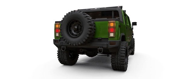 Großer grüner Offroad-Pickup-Truck für Landschaft oder Expeditionen auf weißem, isoliertem Hintergrund. 3D-Darstellung.