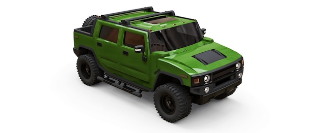 Großer grüner Offroad-Pickup-Truck für Landschaft oder Expeditionen auf weißem, isoliertem Hintergrund. 3D-Darstellung.