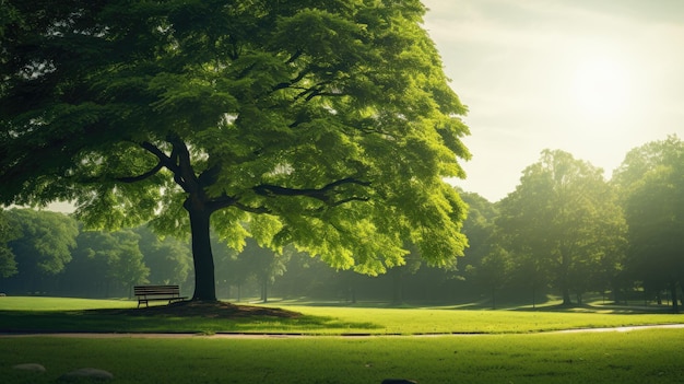 Großer grüner Parkbaum mit Bank darunter bei Tageslicht