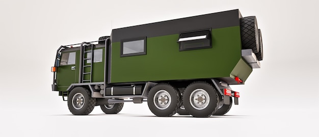 Großer grüner Truck, der für lange und anspruchsvolle Expeditionen in abgelegenen Gebieten vorbereitet ist. LKW mit einem Haus auf Rädern. 3D-Darstellung.