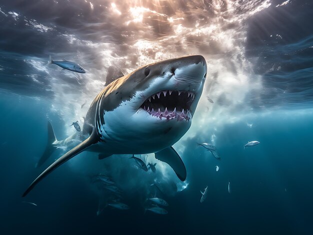 Großer Hai im dunklen Wasser des Ozeans Ai Generative