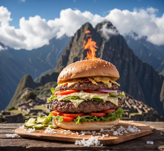 Foto großer hamburger auf einem holztisch vor den bergen