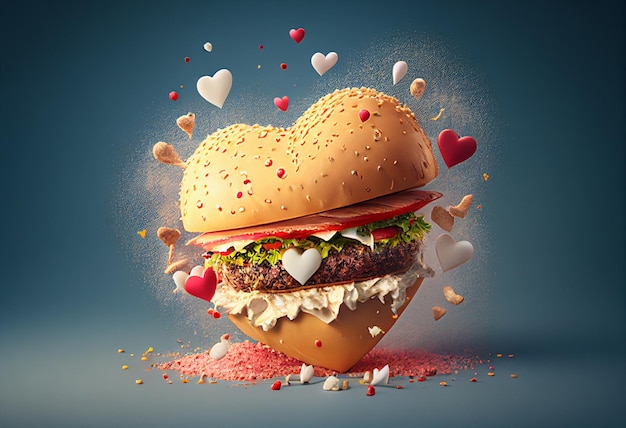 Großer Hamburger mit fliegenden Herzen Konzept der Liebe 3D-Rendering generative ai