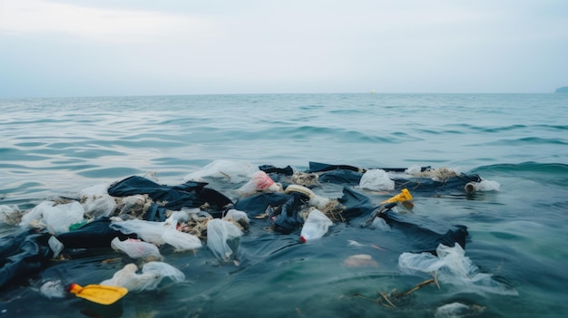 Großer Haufen Plastikmüllsäcke im Meer Umweltverschmutzung Ökologie