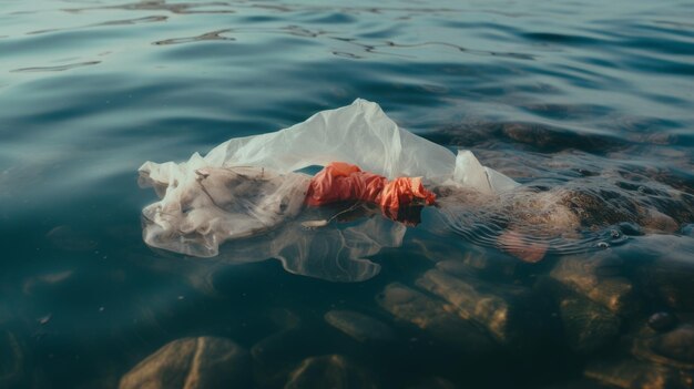 Foto großer haufen plastikmüllsäcke im meer umweltverschmutzung ökologie