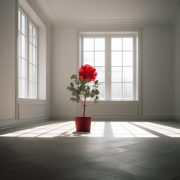 Großer, hellweißer, leerer Raum und eine rote Blume in der Mitte, ein seltsames Interieur mit ungewöhnlicher Komposition