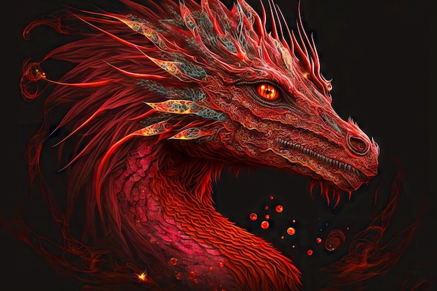 Großer Kopf von feenhaften roten Drachen mit orangefarbenen Augen