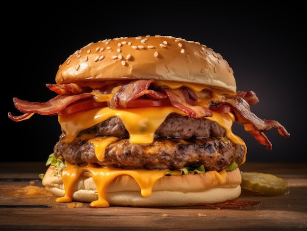 Großer lecker Cheeseburger auf einem hölzernen Tisch, isoliert auf schwarzem Hintergrund