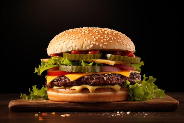 Großer lecker Cheeseburger auf einem hölzernen Tisch, isoliert auf schwarzem Hintergrund