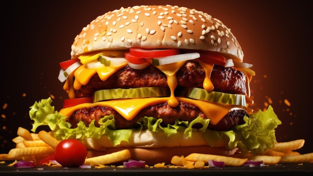 Großer lecker Cheeseburger mit Käse und Gemüse auf dunklem Hintergrund