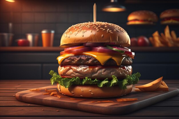 Foto großer lecker hamburger auf einem holztisch ai generativ