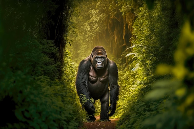 Foto großer männlicher gorilla in wilden spaziergängen durch dichten wald