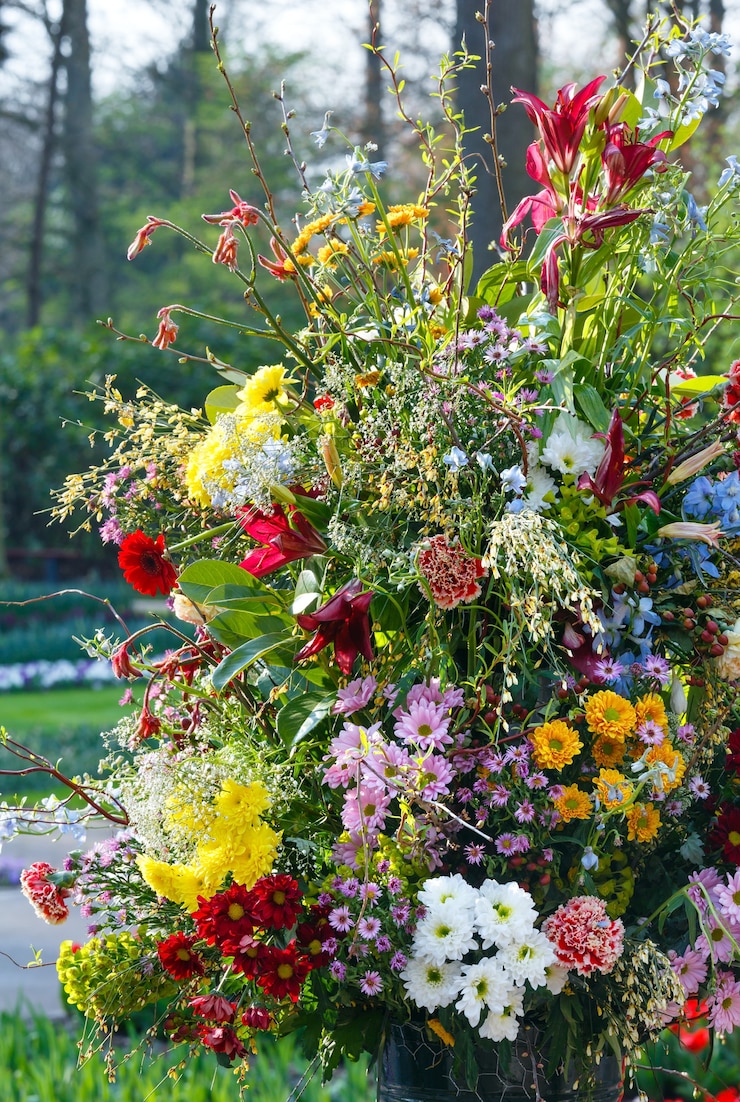 Foto großer mehrfarbiger wunderbarer blumenstrauß auf frühlingspark