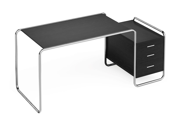 Großer moderner leerer Bürotisch aus Holz mit Schubladen auf weißem Hintergrund. 3D-Rendering.