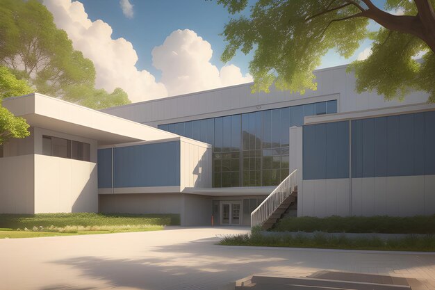 Großer moderner Schulgebäudehintergrund mit blauem Himmel und Wolken, generiert durch KI