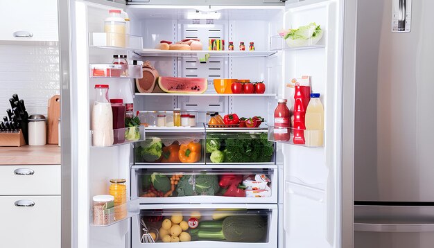 großer offener Kühlschrank, gefüllt mit Essen in der weißen Küche