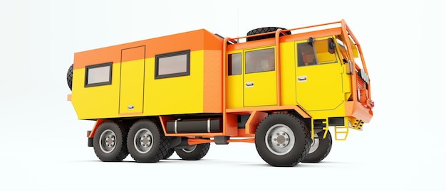 Großer orangefarbener LKW, der für lange Expeditionen in abgelegenen Gebieten vorbereitet ist LKW mit einer 3D-Darstellung des Hauses