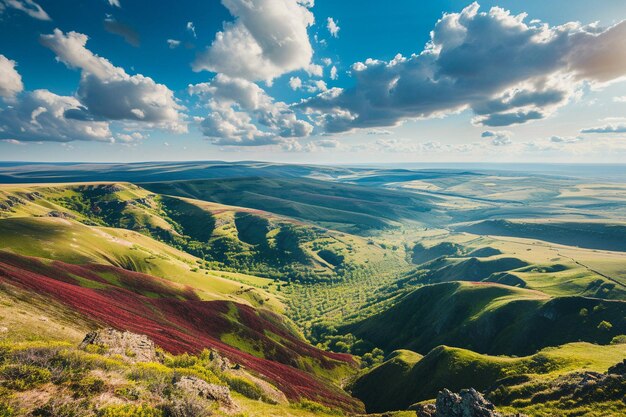 Großer Panoramablick auf wunderschöne Frühlingshügel, Landschaft mit bunten Feldern, sonniger Tag