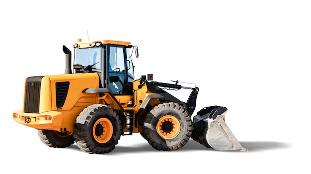 Großer Radlader oder Bulldozer auf einem weißen, isolierten Hintergrund Baumaschinen Element für Design Transport und Bewegung von Schüttgütern Aushub