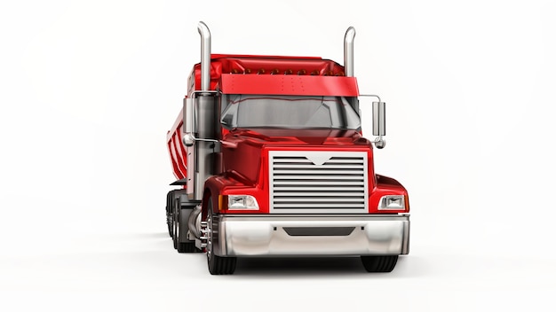 Großer roter amerikanischer LKW mit einem Anhängerkipper für den Transport von Schüttgut auf einer weißen Oberfläche